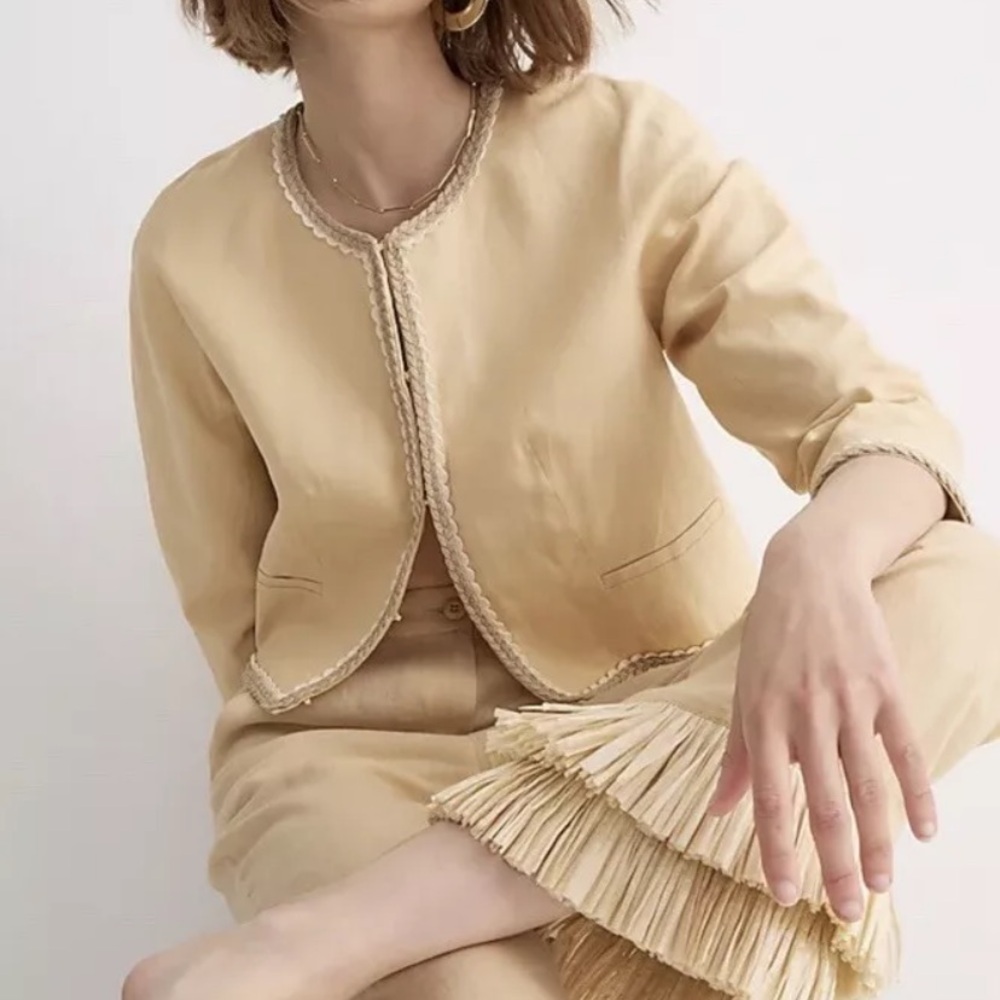 NWT J.Crew Cropped Linen Lady Jacket Raffia Woven Buff Clay Beige 14